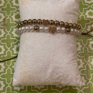Gold Bead & Pearl Heart Adjustable Bracelet Set – 2 Piece Layered Stack - NEW